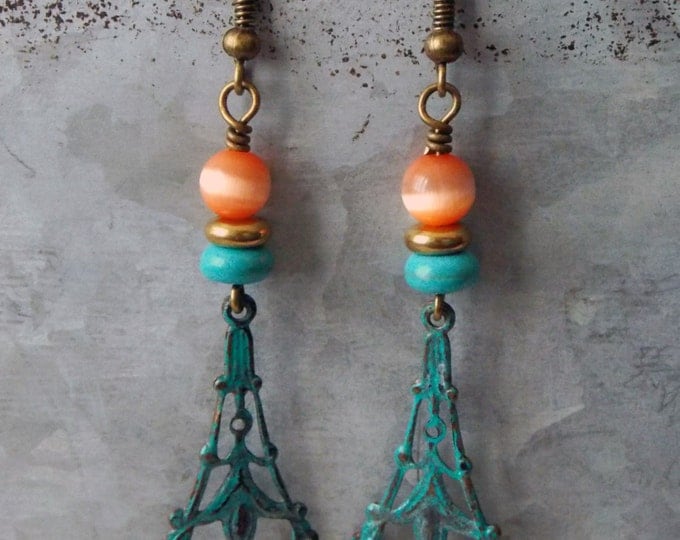 Orange and Turquoise Brass Filigree Drop Earrings Victorian Earrings Brass Jewelry Filigree Earrings Patina Earrings Victorian Dangle