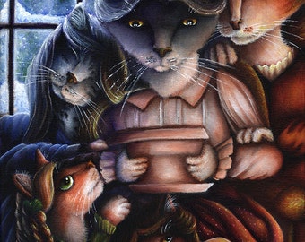 Little Women Cats Original Acrylic Painting on Canvas 11x14