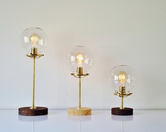 Globe Table Lamp, Industrial Brass and Wood Desk Lamp, Round Clear Glass Orb Shade, Modern BootsNGus Lighting & Home Decor