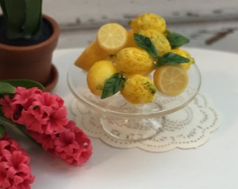Miniature Lemons on Glass Cake Stand, Fancy Lemons, Dollhouse 1:12 Scale Miniature, Food, Dollhouse Accessory