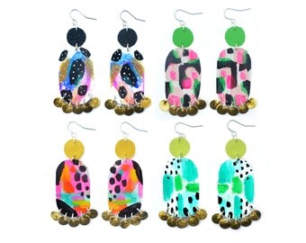 Geometric Earrings, Abstract Art, Gold Earrings, Neon Drop Earrings, Leather Earrings, Metallic Earrings, Painted Earrings, Dangle Earrings