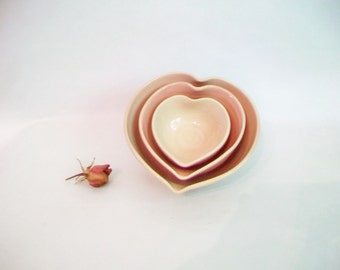 Heart Bowls - Nesting Hearts, Handmade, Shades of Pink - Soft Pinks - 4.5 inch diameter - Lovely Gift - Ready to Ship - Actual Set