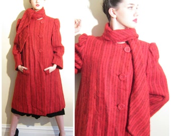 Vintage 1970 1980s Pauline Trigere Coat in Red Fuzzy Wool / 70s 80s Button Down Wool Coat / Large