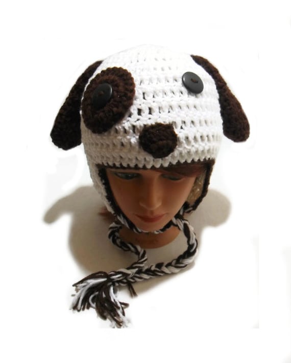 Dog Ear Flap Hat White and Brown Dog Hat Dog Ear Hat Novelty