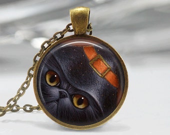 Halloween Necklace Halloween Jewelry GlassTile Necklace Cat Jewelry Black Necklace Glass Tile Jewelry Holiday Jewelry Black Jewelry