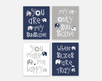 Elephant Art Prints, Navy Nursery Decor You are my sunshine Baby Boy Navy Blue and Grey Nursery Wall Art Set of four PRINTS