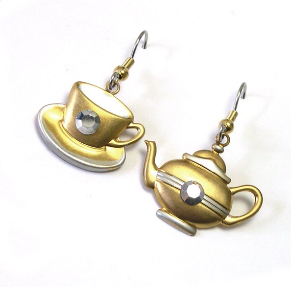 Dangle Tea Earrings Teacup Upcycled Earrings Charm Earrings