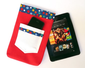 Red White Blue Polka Dot Denim tablet sleeve, fits iPad Mini, 7 inch Kindle, Nook Color, LG Pad 8, More