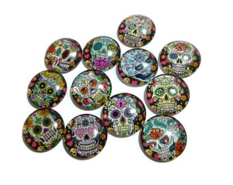 Sugar Skull - Glass Cabochon Set - Mixed Pattern - 16mm x 5mm - 12 Design Set - Dia de los Muertos - 12 Piece Sets - for jewelry or magnets