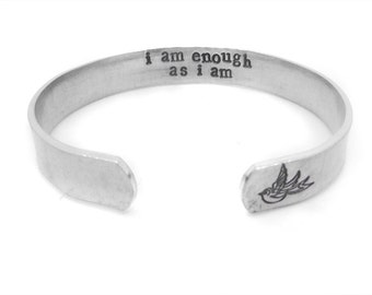 Inspirational bracelet - bohemian jewelry - silver cuff - i am enough as i am - yoga - custom hand stamped - inspirational - motivational