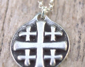 Silver Jerusalem Cross Pendant Necklace, Maltese Cross Jewelry, Masonic Templar Cross, Freemason Masonic Jewelry, Firefighter Necklace
