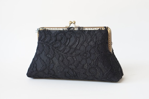 Cocktail clutch / Black French Lace clutch with Wristlet