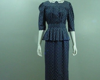 Eber Navy Peplum Dress 80s Vintage 38 / 27