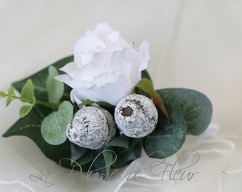 Dalby - White rose and grey gumnut Men's Buttonhole / Boutonniere with Australian native foliage.