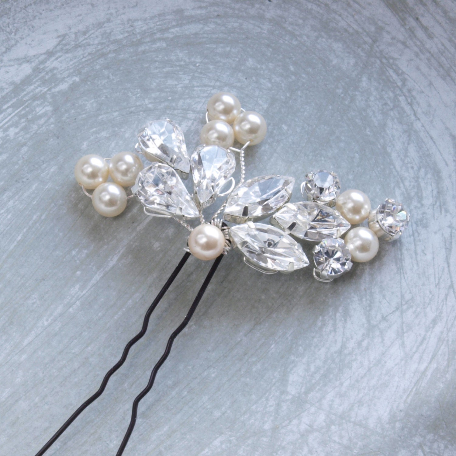 Crystal Diamante Pearl Bridal Hair Pin Leaf Floral Wedding