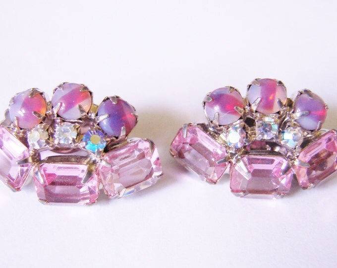 Vintage Juliana Style Aurora Borealis Rhinestone Earrings / Art Glass / Pink Emerald Cut Stones / Jewelry / Jewellery