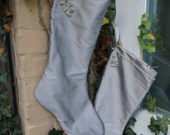 Christmas stocking, silver gray silk stocking, rhinestone beaded