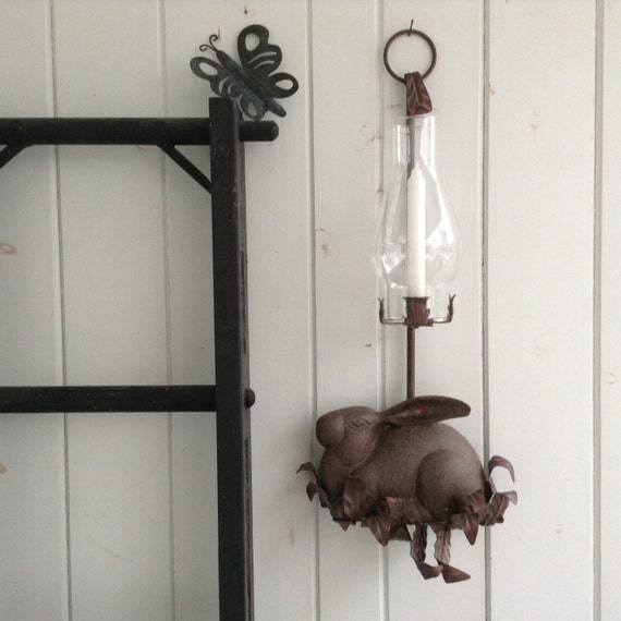 Rabbit Candle Holder Heavy Cast Metal Hanging Candleholder