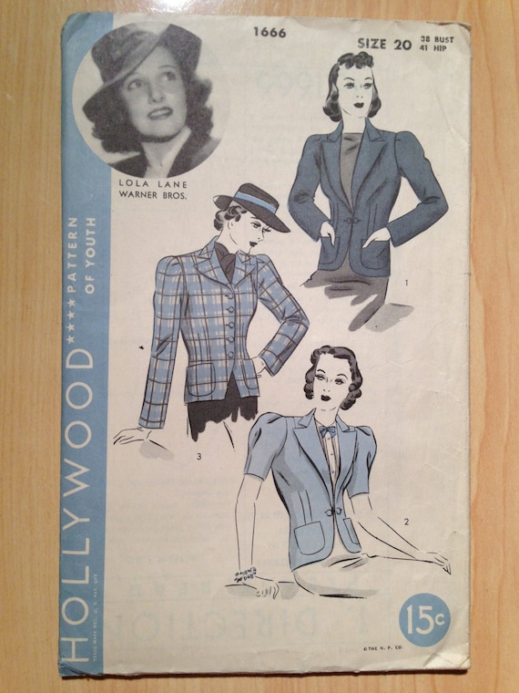 Rare Vintage 40s Hollywood Lola Lane Sewing Pattern 1666 Misses Jacket Size 20