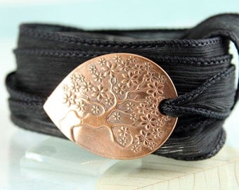 Tree-of-Life Silk Wrap and Handmade Copper Focal - Ribbon Bracelet