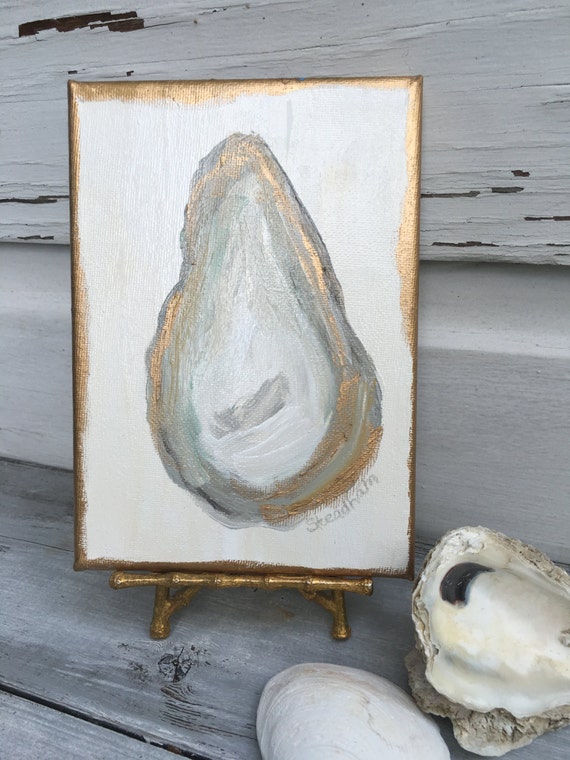 Oyster Shell Painting/Gold Leaf Oyster Shell Art/Coastal Theme