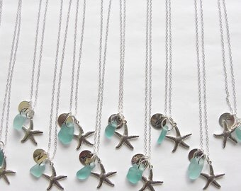 Personalized sea glass charm necklaces - starfish necklace, bridal set, choice of color, bridesmaid gift