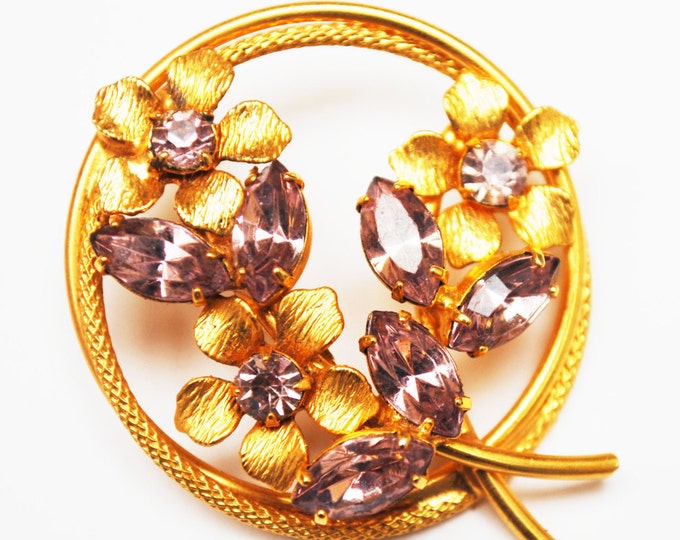 Purple Flower brooch and earring set - Lavender rhinestone - gold plated floral with clip on earrings-gift for her