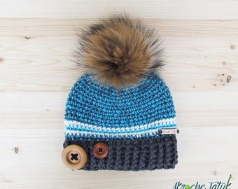 Rustik hat. Gray, turquoise and cream woman crochet winter hat with buttons and fur pompom by Akroche Tatuk (made to order)