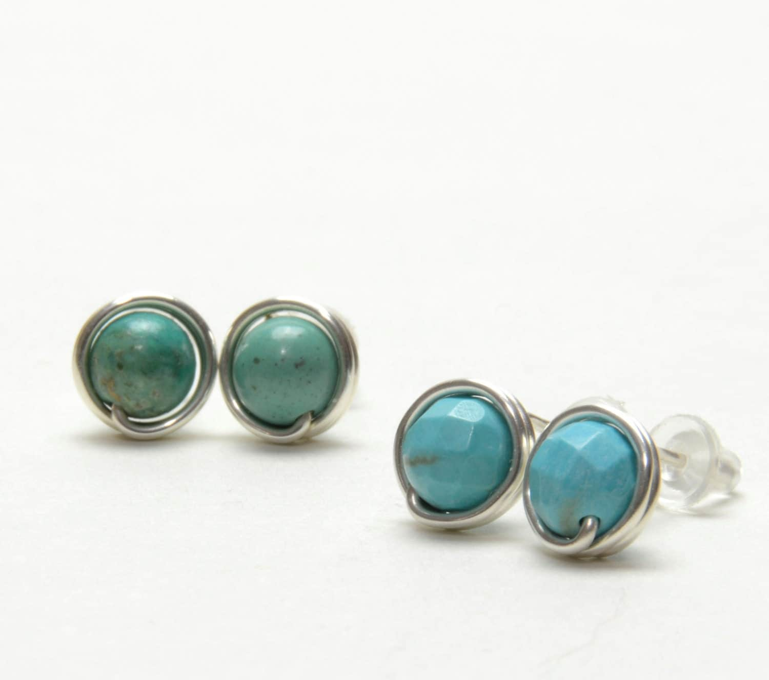 Genuine Turquoise Stud Earrings Handmade Wire Wrapped Fine