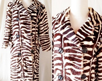 Vintage Zebra Striped Brown and Cream Rabbit Fur Swing Jacket. Medium / Large
