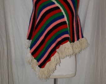 Vintage Rainbow Stripe Hand Knit Poncho - Women's XS to S