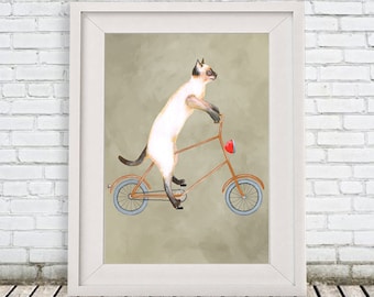Cat on bicycle, Cat Print, cat illustration, sportif cat, cat in action, cat artwork, cat painting, cat art, cat drawing, by Coco de Paris