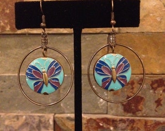 Butterfly Turquoise Aqua Blue Antiqued Gold Brass Hoop Earrings