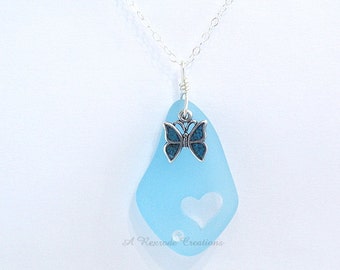 Pastel Sea Glass Necklace Sea Glass Pendant Necklace / Beach Glass Jewelry / Butterfly Necklace / Gift for Her /