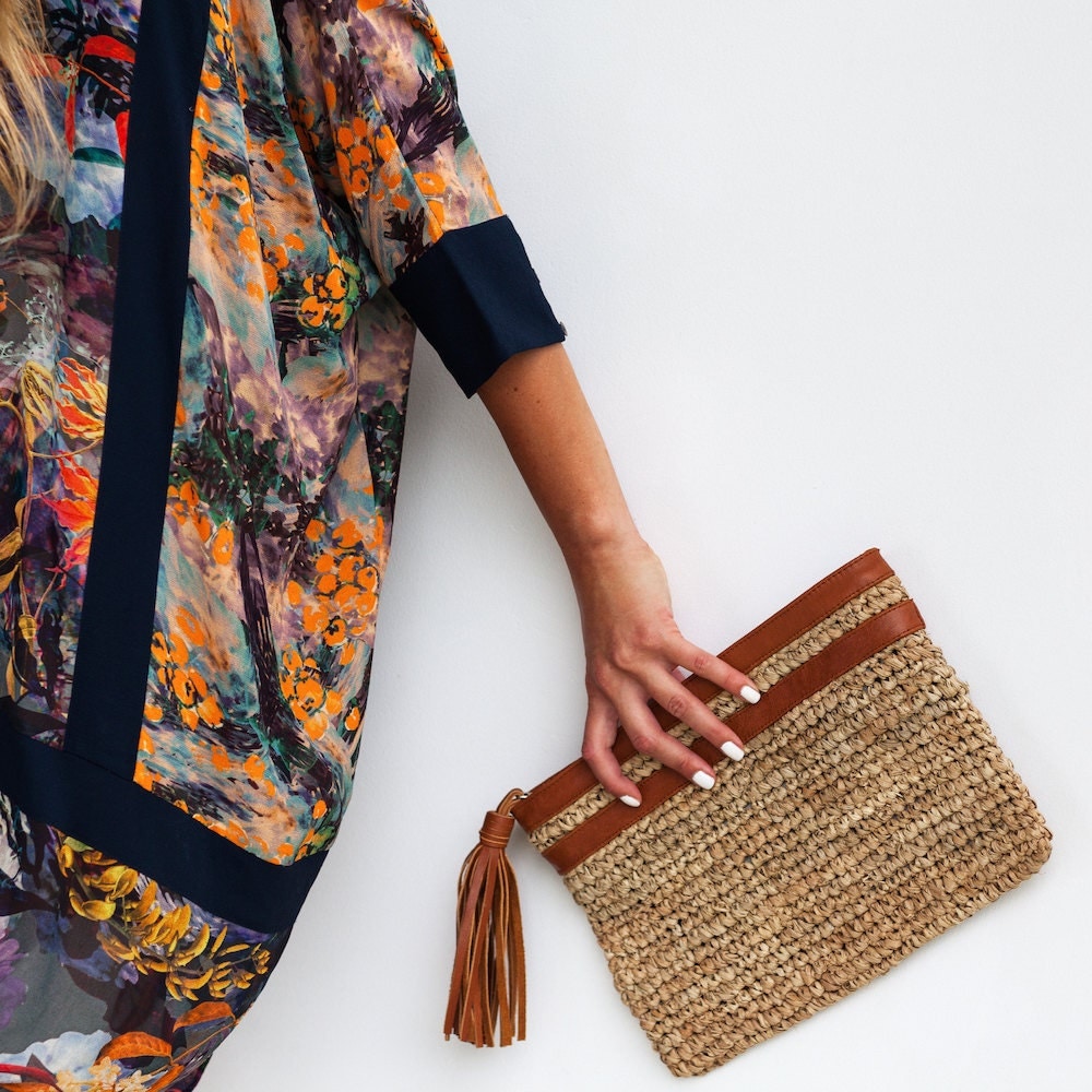 Straw evening Clutch Raffia Purse Beach Purse Leather