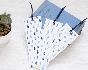 BOOKMARK SET Blue Watercolour Rain Mountains Lightning Painted Patterns. Interesting Definitions. Christmas Stocking Stuffer Gift Book Lover