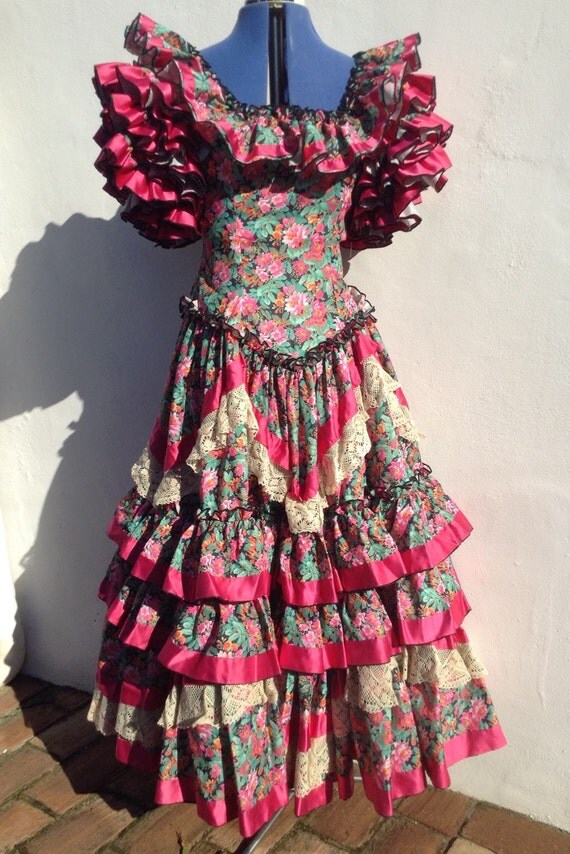 Vintage Spanish Flamenco Dress 38 Bust Bright Floral