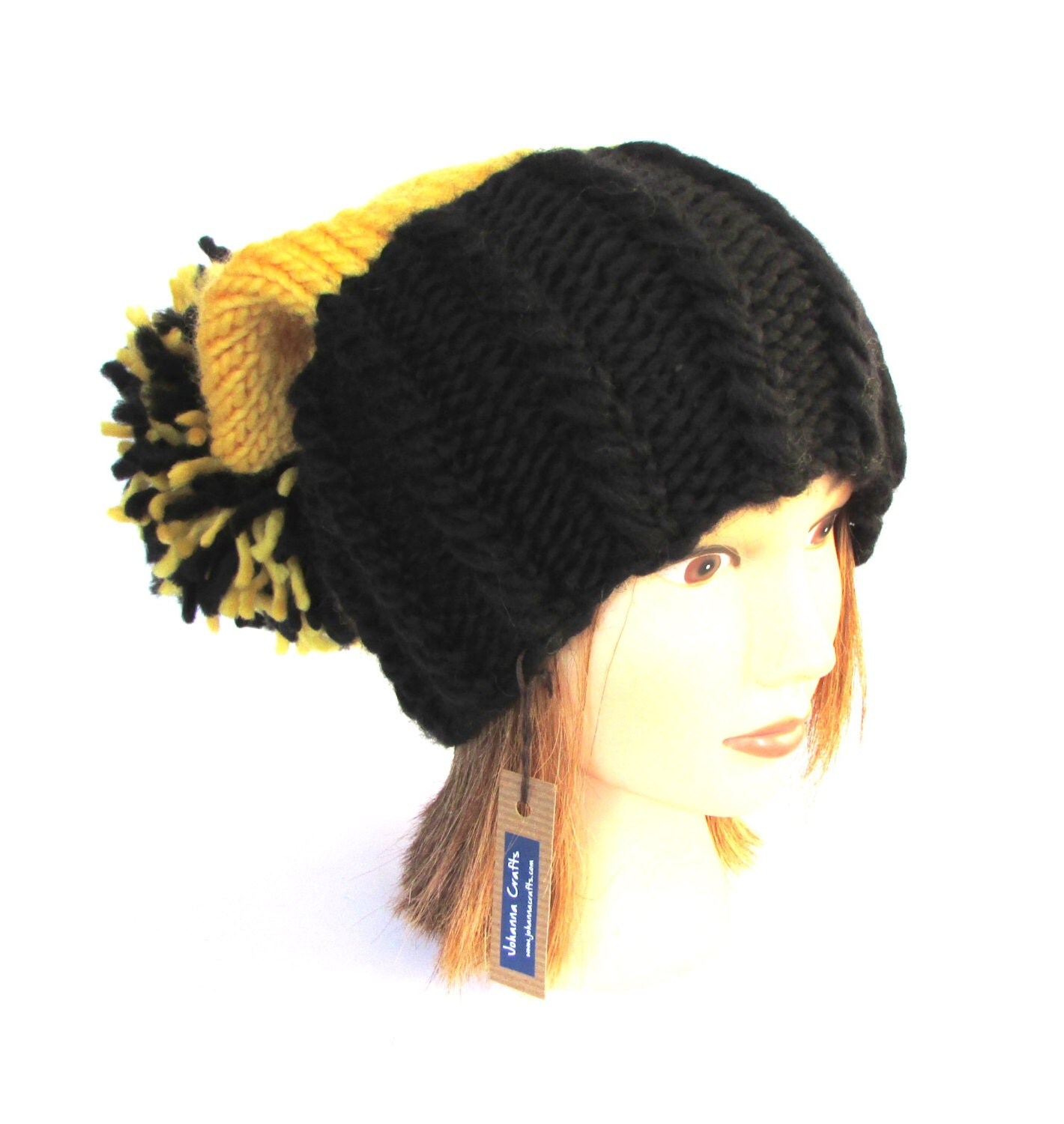 Irish knit black and yellow hat slouchy beanie hats large