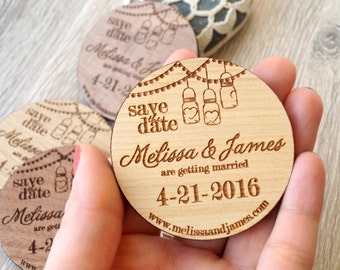Wooden Save-the-Date magnets, mason jar design, wood save the date magnets, wooden magnets, engraved magnets, rustic save the dates
