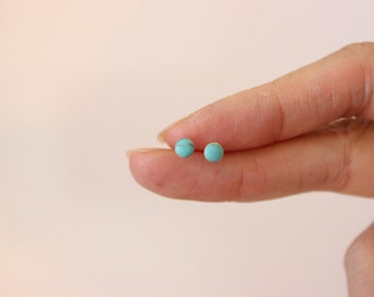 Tiny turquoise stud earrings, blue stud earrings, round dainty earrings, teeny tiny silver studs, everyday earrings, child earrings children