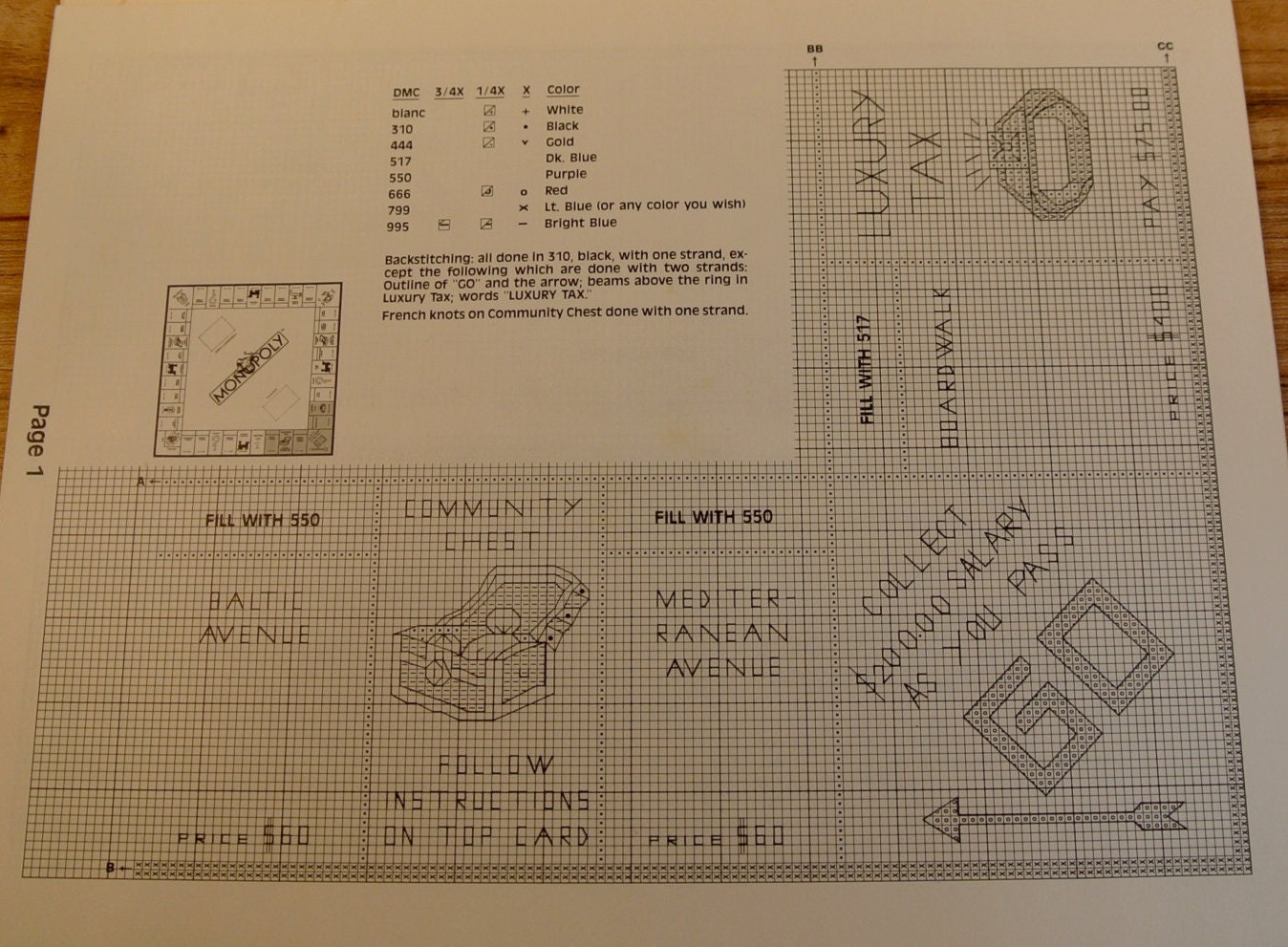 Monopoly Board in Counted Cross Stitch 1985 Pattern Parker