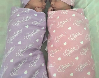 Baby Shower Gift Set // Baby Photo Prop Personalized Baby Gift Ideas Baby Gift Twins Gifts for Twins Baby Gifts Twin Babies / Swaddle & Hat