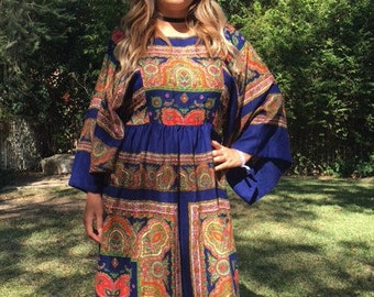 Maxi dress, royal blue paisley, long dress, butterfly sleeves, 1970s, medium