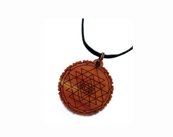 SRI YANTRA Pendant necklace carved on cedar wood