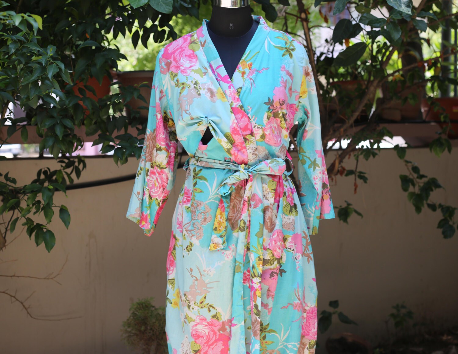 blue floral Nursing robe - direct  feeding access for Breastfeeding, maternity robe in cotton, length options, back open option for birthing