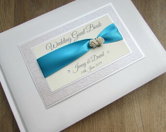 Personalised Handmade Wedding Guest Book Engagement Anniversary Birthday Bridal Journal Roses Turquoise