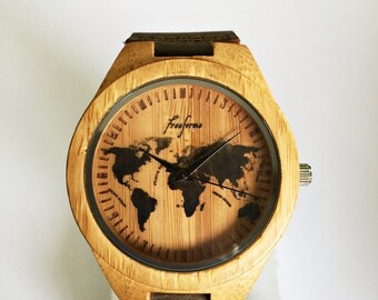 Wooden Watch, World Map Watch, Wood Watches, Mens Watch, Personalized Watch, Groomsmen Gift, Travel Gift, Unique, Leather Watch, SALE !