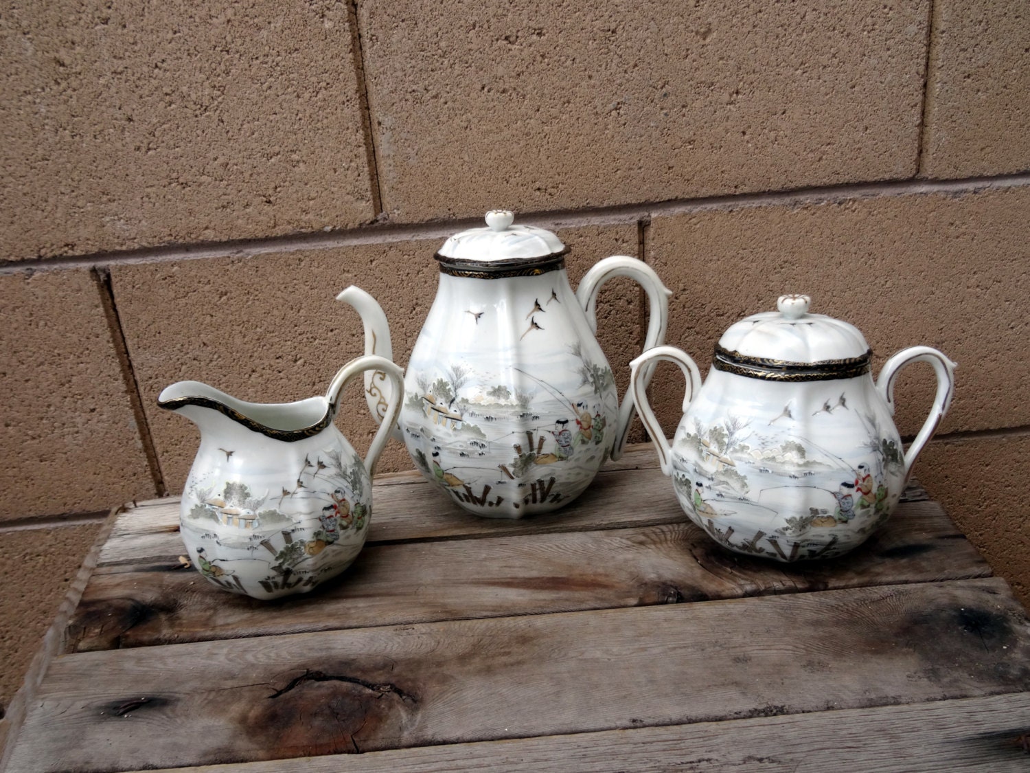 RESERVED Vintage Kutani Tea Set Asian Tea Set Pot Belly