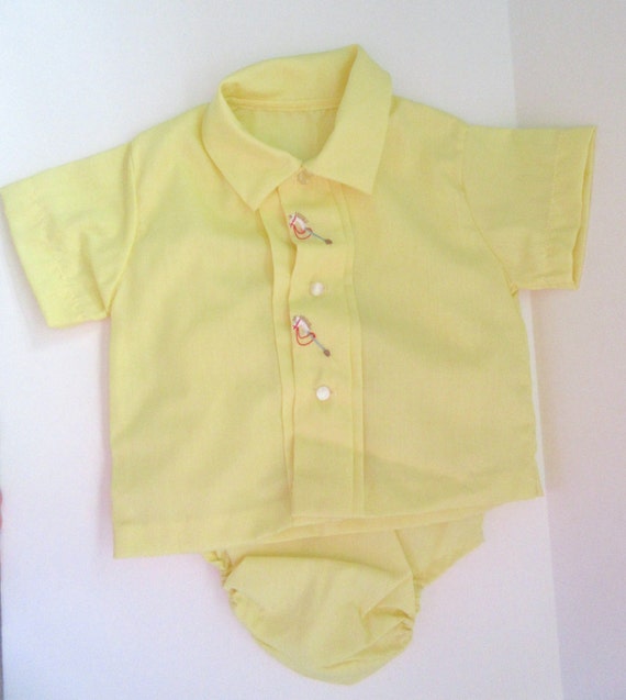 Vintage 70s Baby Boy Outfit Size 3 Months Yellow Embroidered