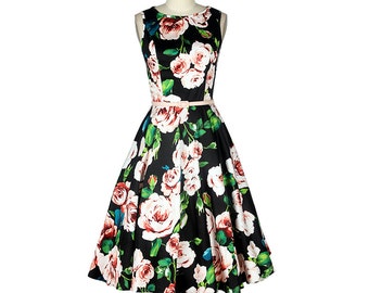 Black dress, Flower dress, Retro dress, Boat neck dress, Prom dress, Casual dress, Day dress, Custom made dress, Sleeveless dress MS42
